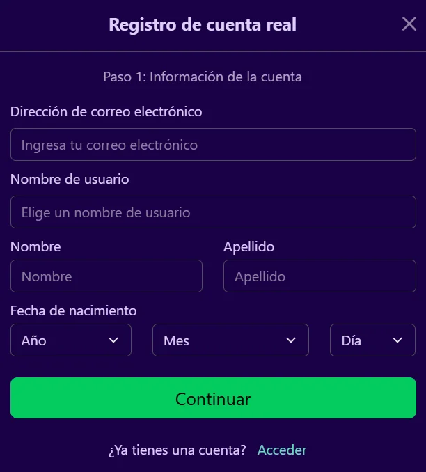 Paradise8 Casino Registro de Cuenta Real Paradise8 Casino formulario de registro de cuenta real con correo, usuario y fecha de nacimiento