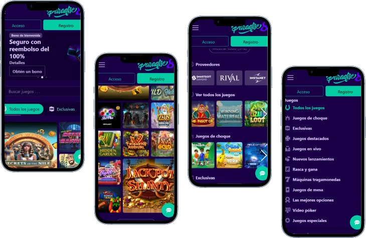 Paradise8 Casino Móvil Paradise8 Casino versión móvil con bonos, tragamonedas, proveedores y menú de juegos